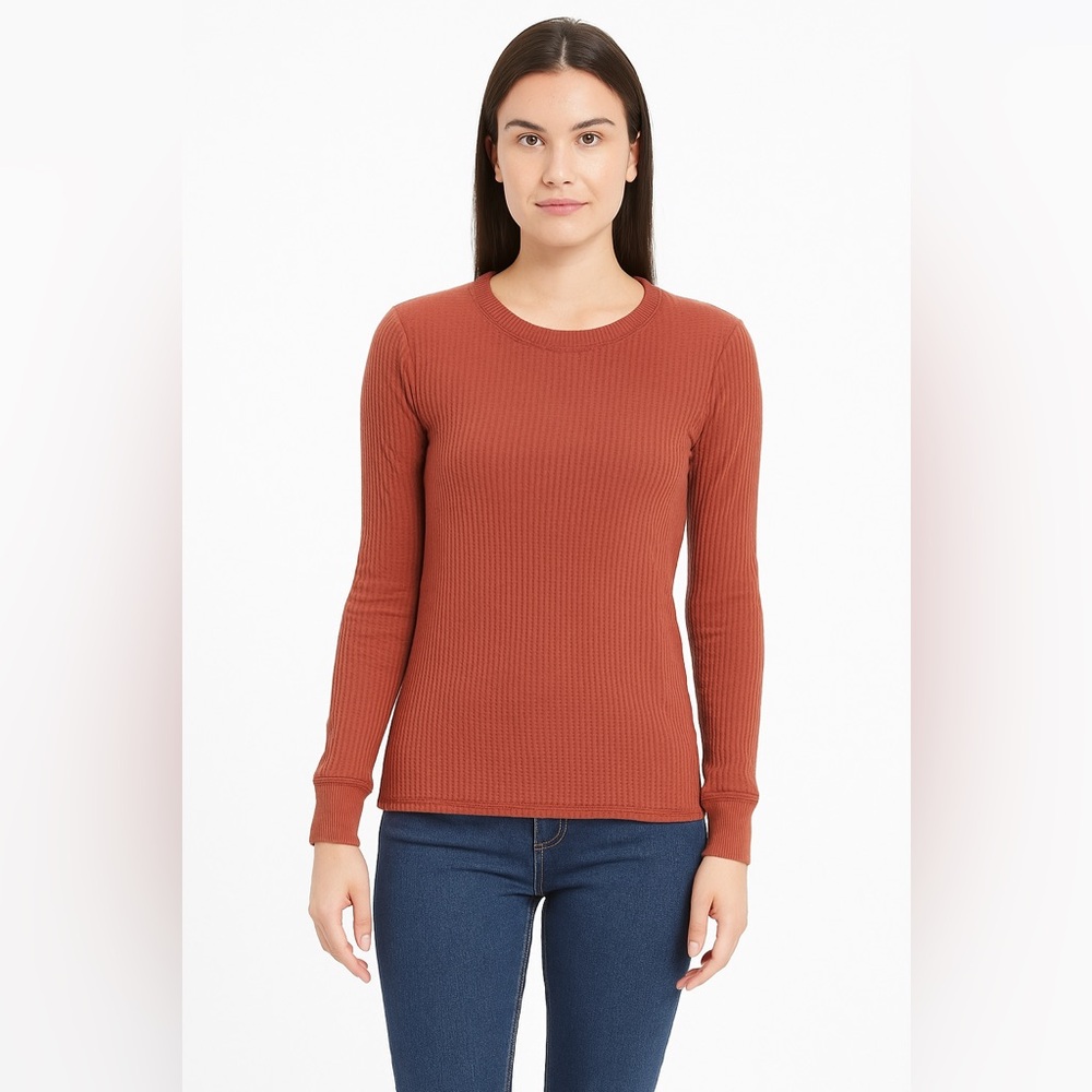 Joan Vass Ribbed-knit Rust Long Sleeve Top Women’s Small